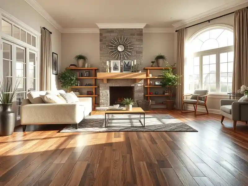 Illustration of modern living room with plank flooring and stone fireplace.